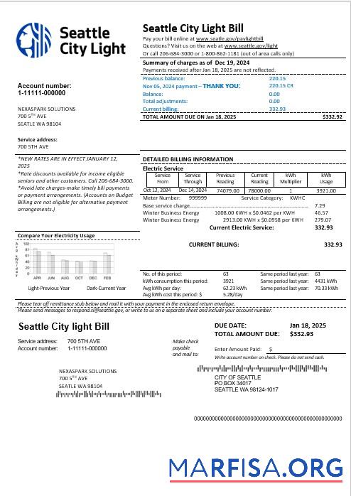 Downloadable USA Washington Seattle City Light business utility bill template in Word and PDF formats
